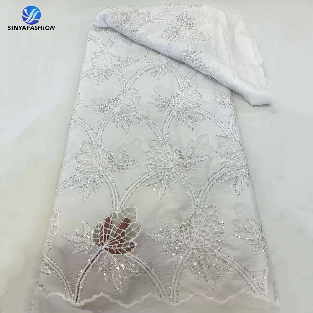 Latest African Lace Fabric 2025 High Quality Lace Embroidery Beaded French Nigerian Lace Fabric 5 Yards for Wedding Dress