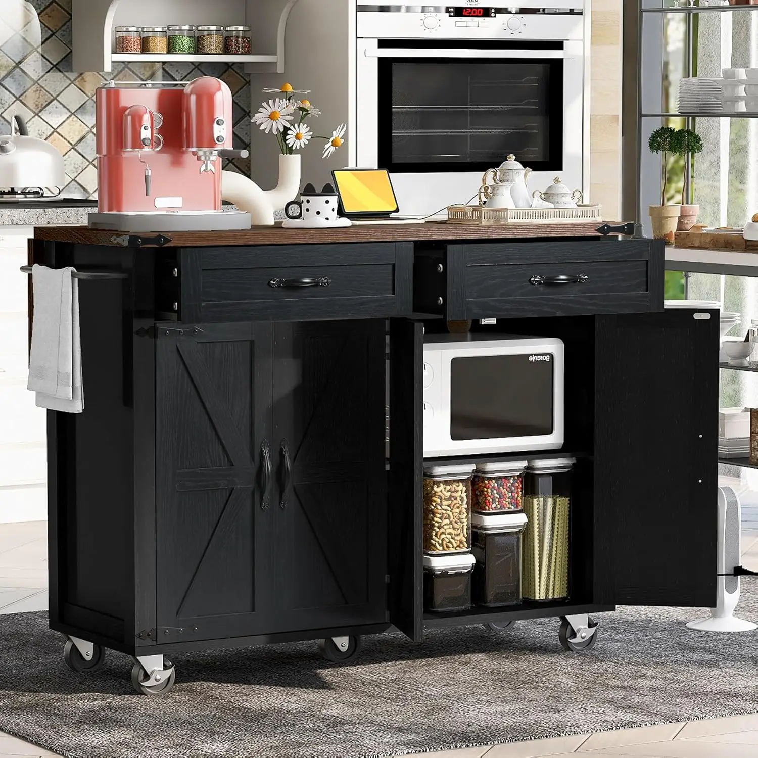 Portable Kitchen Island Cart With Drop Leaf, Power Outlet, Rolling Farmhouse Kitchen Carts On Wheels With Storage Drawers,