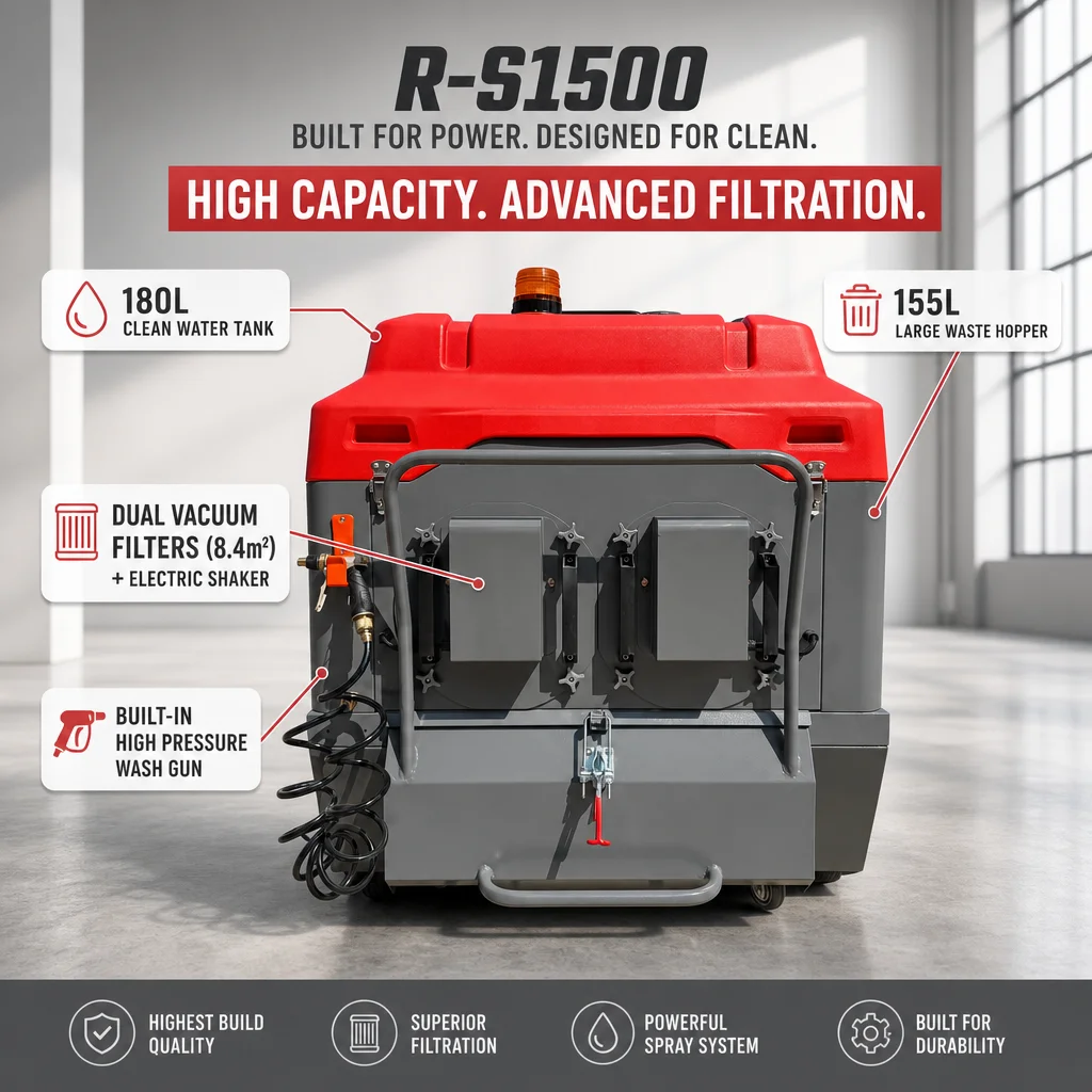 R-S1500 Industrial Ride on Floor Sweeper 1500mm Electric Road Sweeping Machine with 180L Water Tank for Factory Warehouse