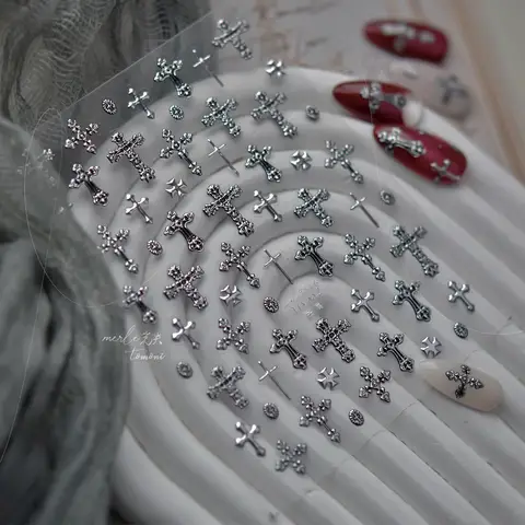 Autocollants pour ongles en métal or argent foncé rétro haut de gamme croix accessoires de Nail Art autocollant dos bleu ongles décorations 3D décalcomanies bricolage