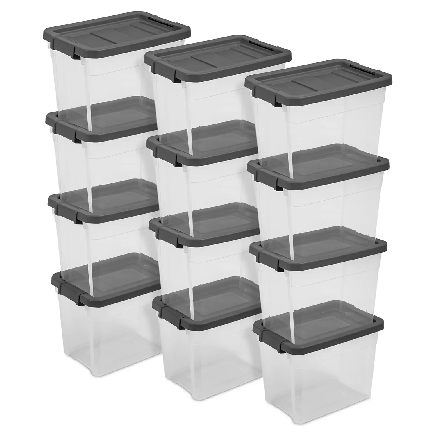 

12-Pack Modular Stacker Box, Durable Clear Plastic Storage Bins with Latching Lids, 30 Quart - Stackable Organizing, Customized