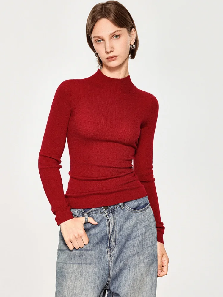 Birdtree 100% Sheep Wool Knitted Underwear,Women 16-needles Seamless Mock Neck Full Sleeve Sweater,2025 Autumn Pullover T59007JF