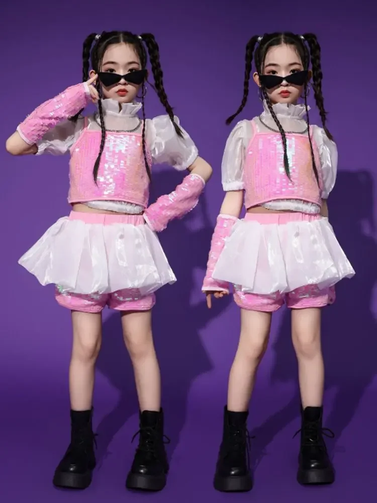 Girls Pink Sequin Jazz Dance Costume Kpop Outfits Cheerleading Performance Clothes Kids Hip Hop Catwalk Stage Clothing