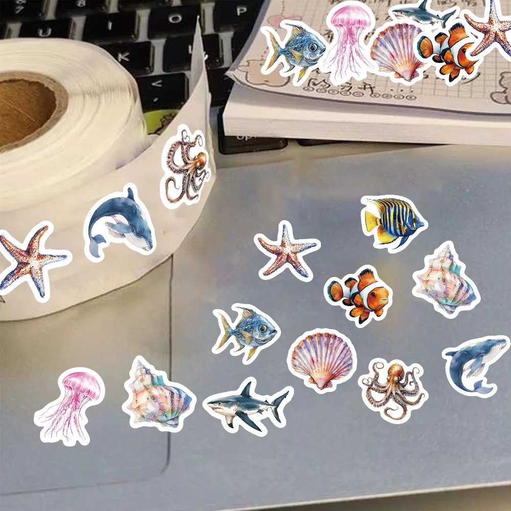 500PCS/Roll Fantasy Marine Life Roll Stickers Clown Fish Shark Blue Whale Octopus Conch Sea Star DIY Envelope Scrapbook Phone