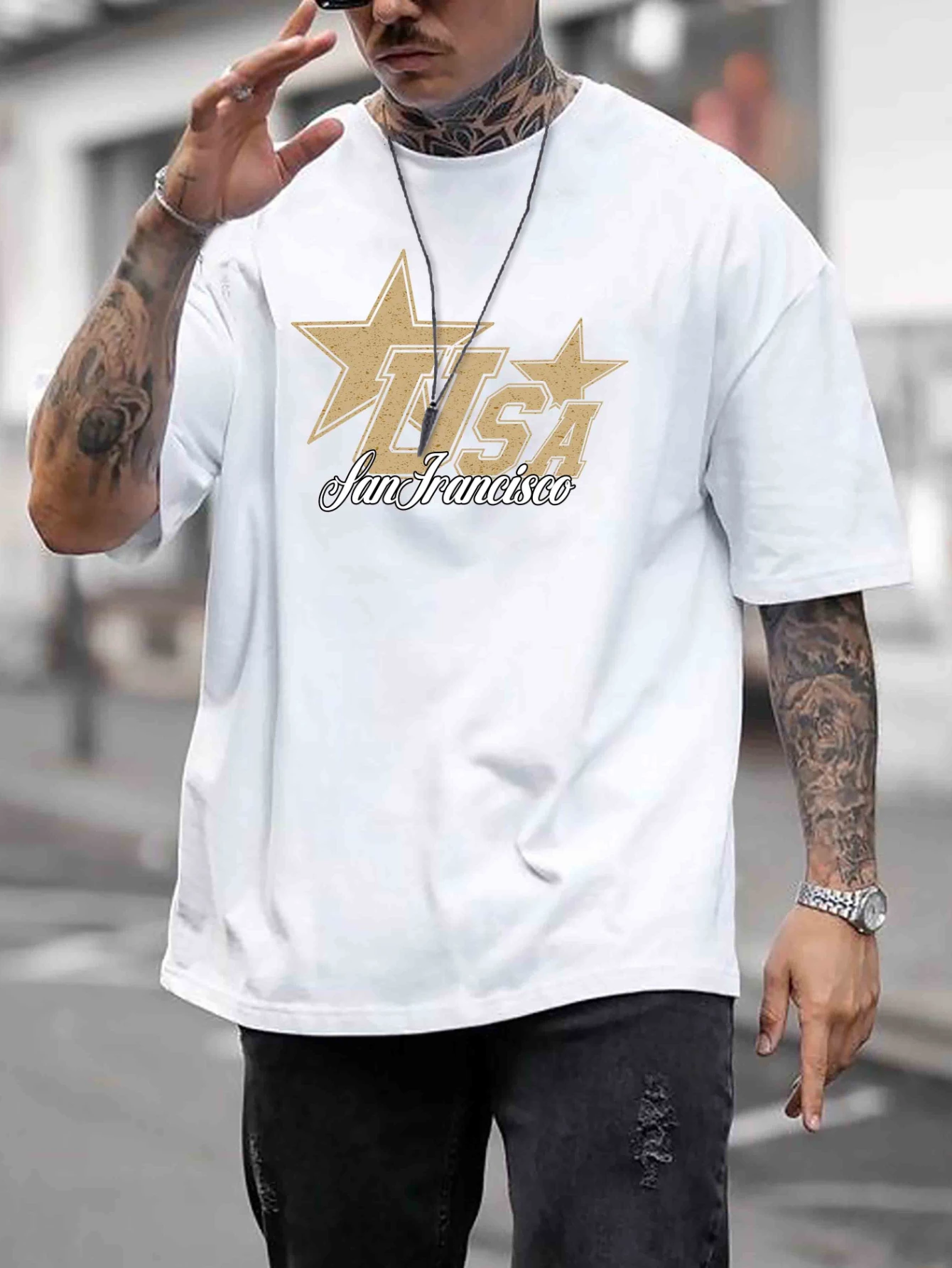 Men Oversized T Shirt USA San Francisco Star Chest Print Crew Neck Short Sleeve Vintage Street Loose Casual Tee