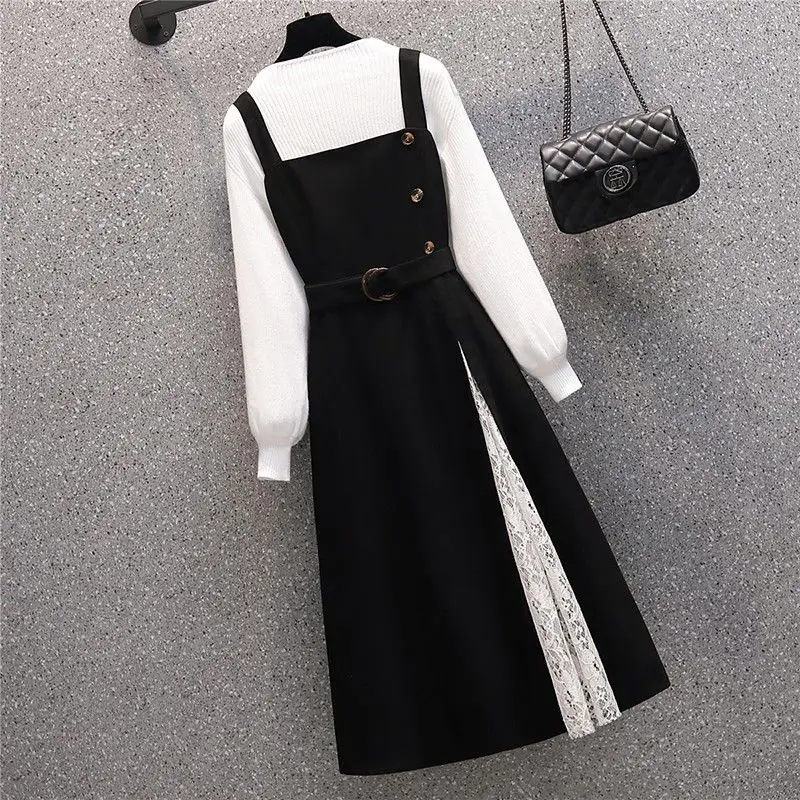 Women\'s Spring Autumn White Sweater Overall Dress Two Piece Set Lady Casual Simple Joker Knit Tops Lace Split Tank Dress Outfits