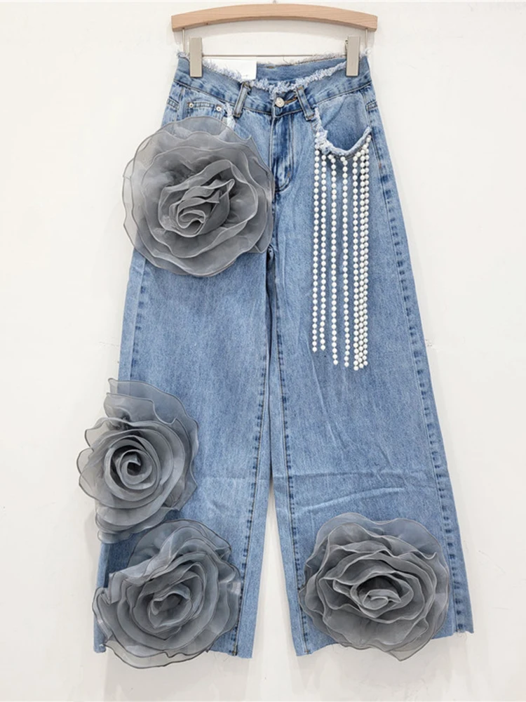 DEAT Fashion Women\'s Spliced Flower Pearl Tassel Design Jeans 2024 Autumn Trendy High Waist Wide Leg Denim Pants Female 33A1816