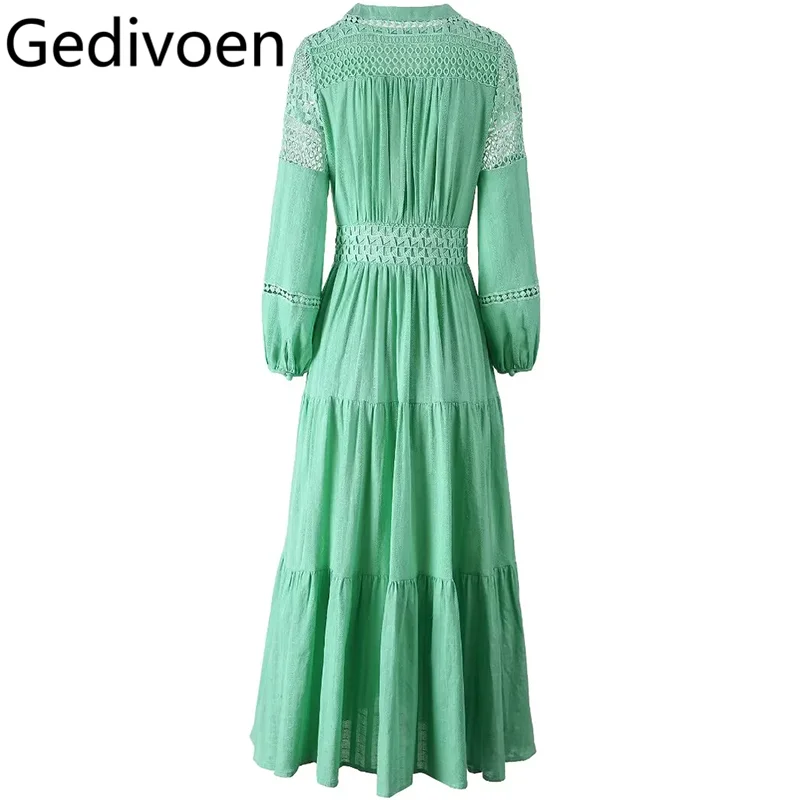 Gedivoen-Robe en coton à col en V pour femme, manches longues, évider, simple boutonnage, vert, jaune, blanc, design tendance