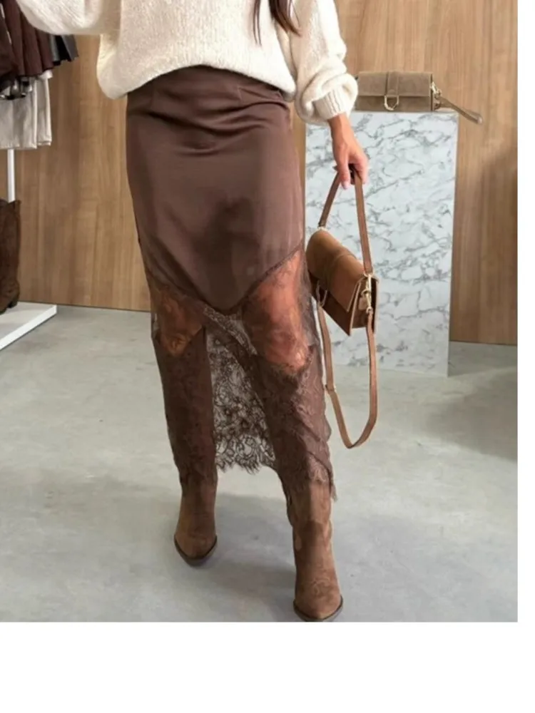 Trendy Hot Girl Skirt Solid Color Irregular Satin Patchwork See Through Lace Skirts Fashion Sexy Streetwear Female Clothing New