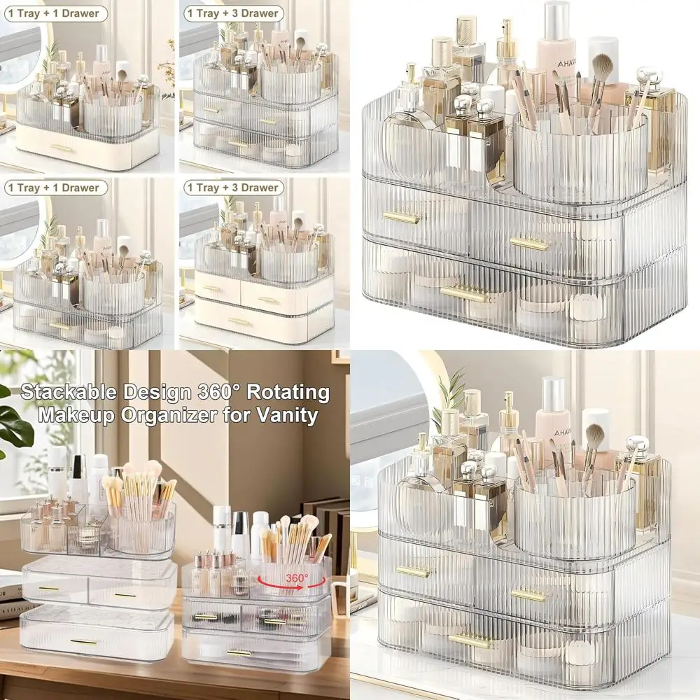 

Большой прозрачный акриловый штабелируемый органайзер для макияжа с вращающимся держателем кистей для хранения туалетного столика на столешнице