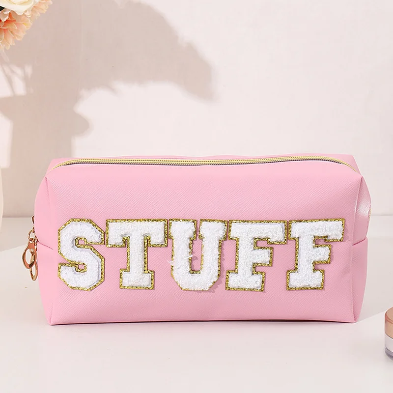 Folding Cosmetics Bag Letter Patches PU Leather Makeup Bag Fashion Make Up Organizer Large Capacity Waterproof Toiletries Bags