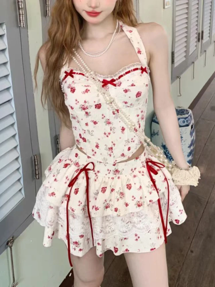 

Summer Flower Bow Two Piece Set Women Sexy Sleeveless Tops + Lace Mini Skirts Female Chic Kawaii Pleat Streetwear Party Suits