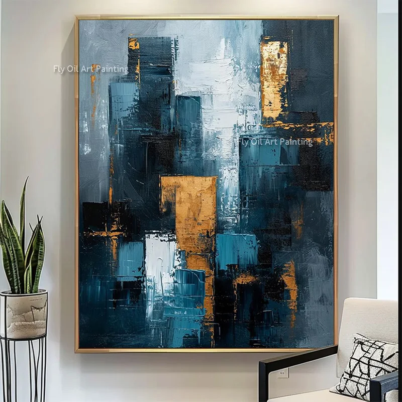 Navy Blue And Golden Home Wall Art Items Handpainted Blue Golden Yellow Abstract Building Canvas Thick Oil Painting For Decor
