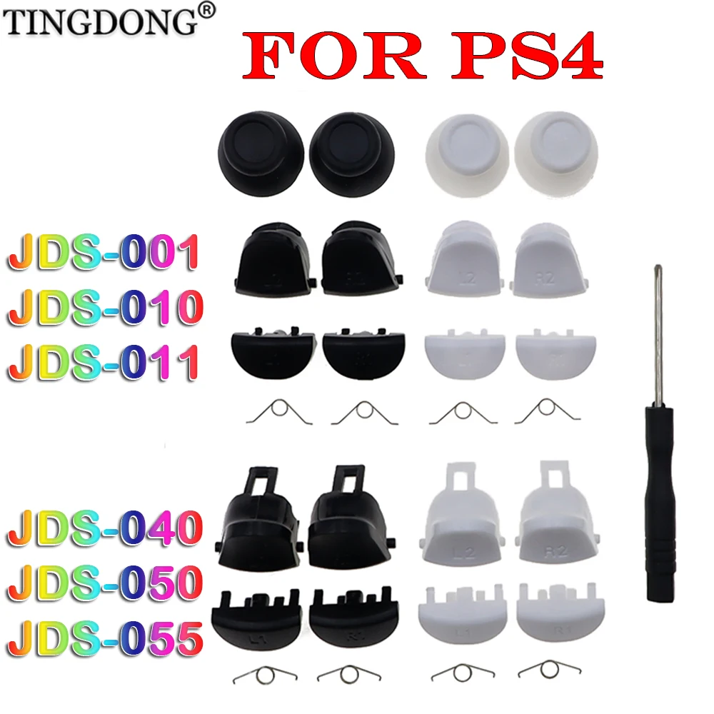 1Set L1 R1 L2 R2 Auslösetasten + Thumbstick-Kappen + Feder + Schraubendreher-Reparaturset für PS4 JDS-001 JDS-011 JDS-040 JDS-050 JDS-055