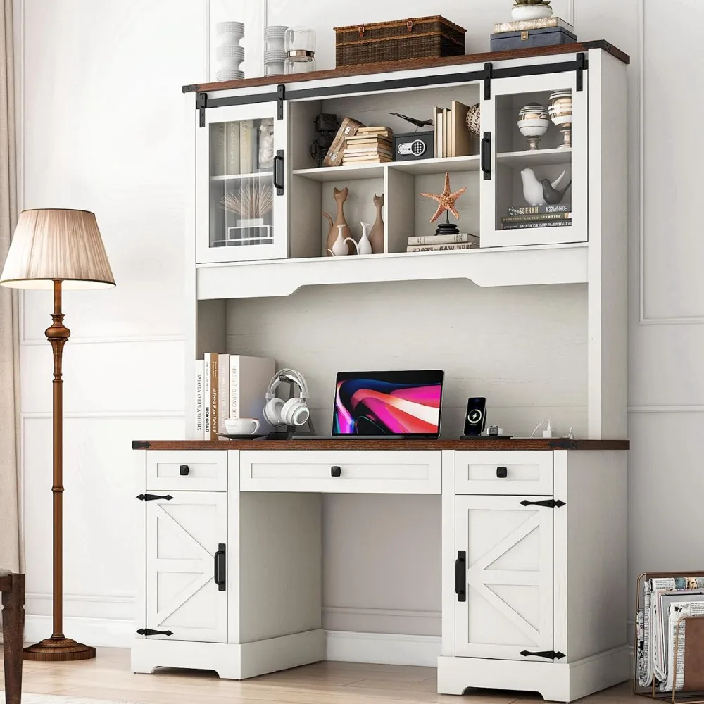 

76" Height Farmhouse Desk with Sliding Door Hutch, Wood Office Executive Workstation Computer Desk with Charging Station, Drawer