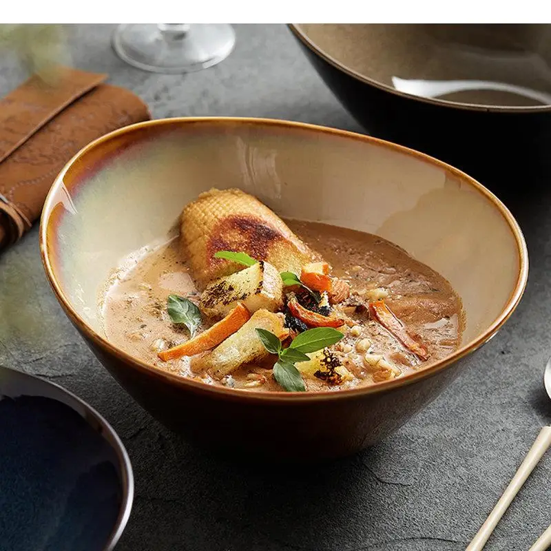 Ceramic Ramen Noodle Bowls Simple Snack Dessert Plates Restaurant Oval Specialty Tableware Fruit Salad Plate Soup Bowl