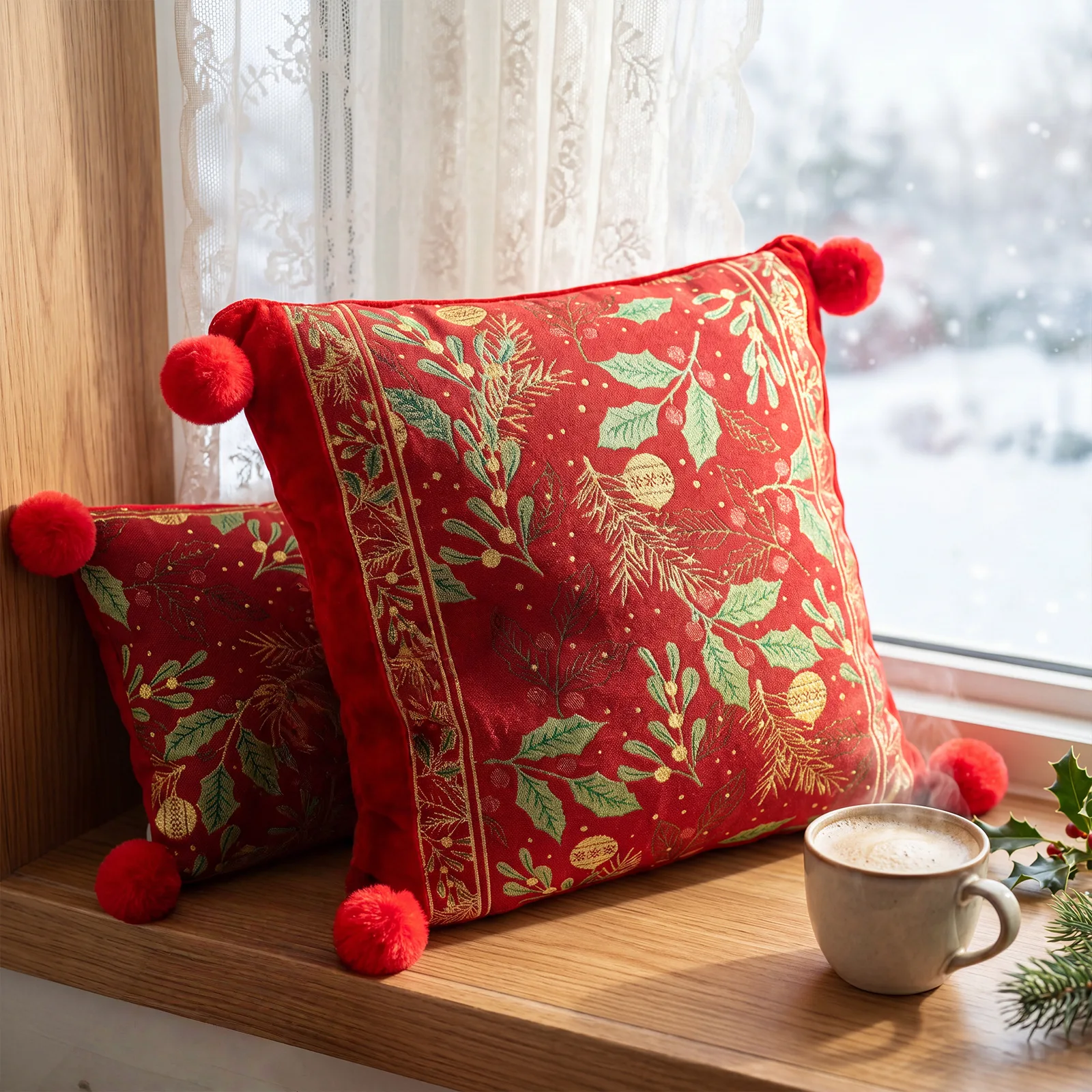 Weihnachtsroter Jacquard-Kissenbezug mit Cartoon-Elch- und Schneeflocken-Motiv, Plüsch-Sofadekoration, Kissenbezüge 45x45cm – Detail 5