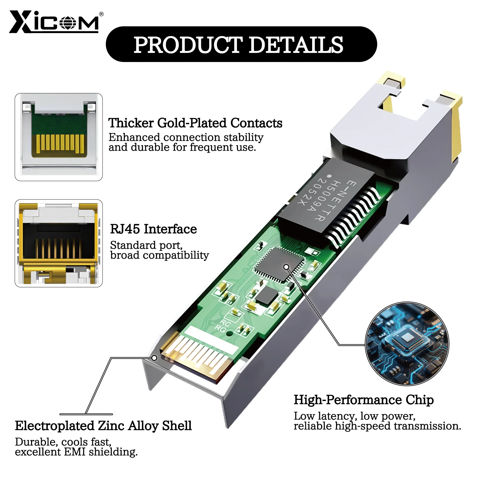 Xicom 10G SFP + RJ45 وحدة إرسال واستقبال نحاسية SFP 80M RJ45 Port 10G/5G/2.5G متوافقة مع محول ألياف إيثرنت Cisco/Mikrotik