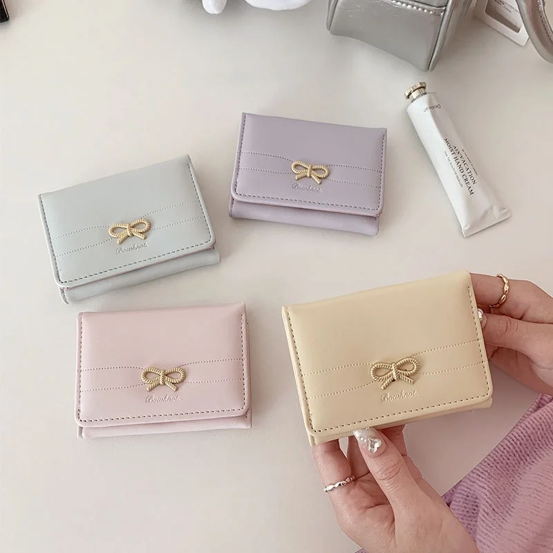 Fashion Wallets Girls Cute Bow Small Wallet Aesthetic Card Holder Classic Three Fold Purse For Women Student Simple Coin Pouch