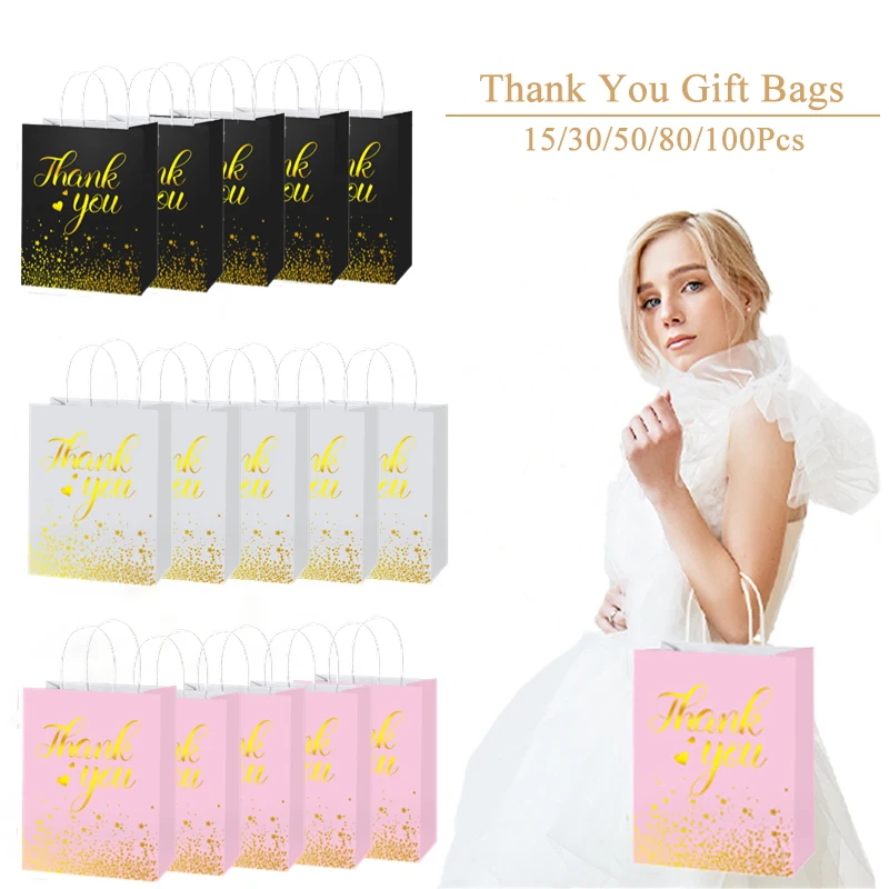 15-100Pcs Thank You Gift Bags With Handle Wedding Party Gift Bags Kraft Paper Paper Shopping Bag Baby Shower Return Gift Gags.