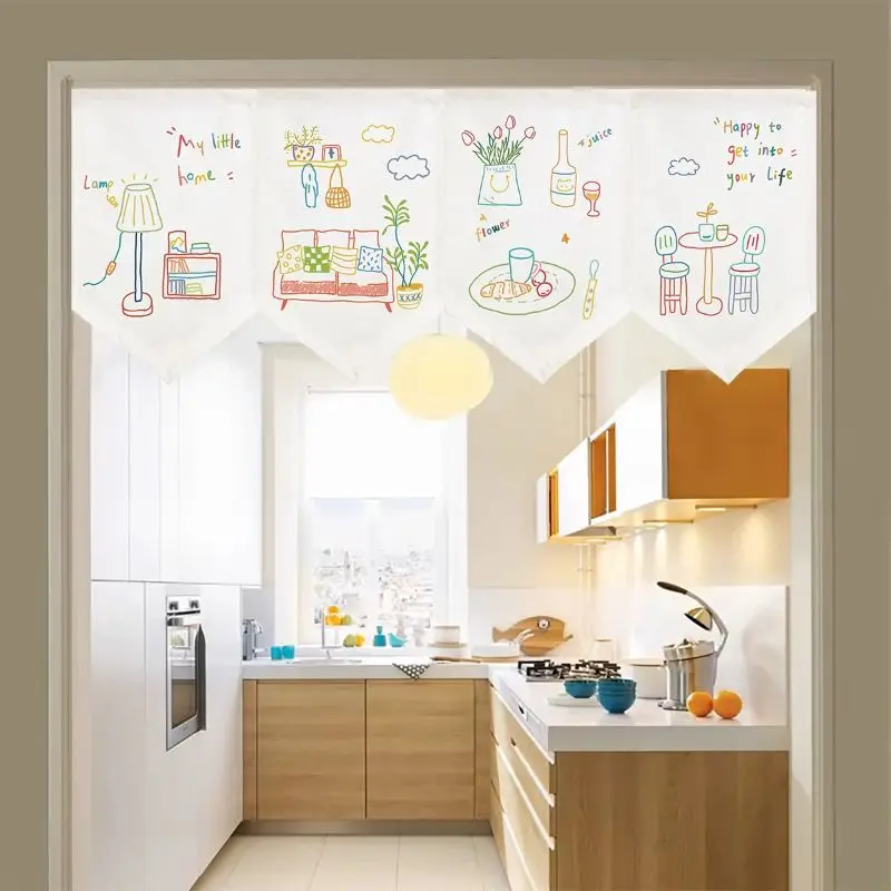 Hand Drawn Home Life Triangular Hanging Curtain Cute Line Art Interior Scene Fabric Cabinet Cover Curtain for Kitchen Home Decor