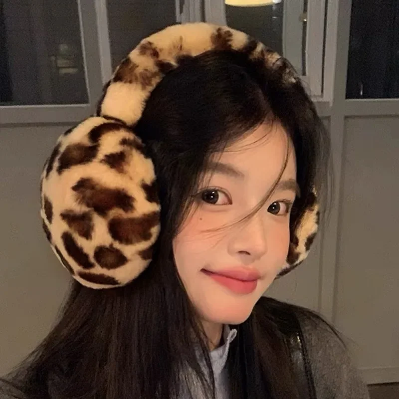 1 pçs leopardo impressão macio pelúcia aquecedores de orelha para mulheres inverno quente earmuffs moda ao ar livre frio dobrável earmuffs