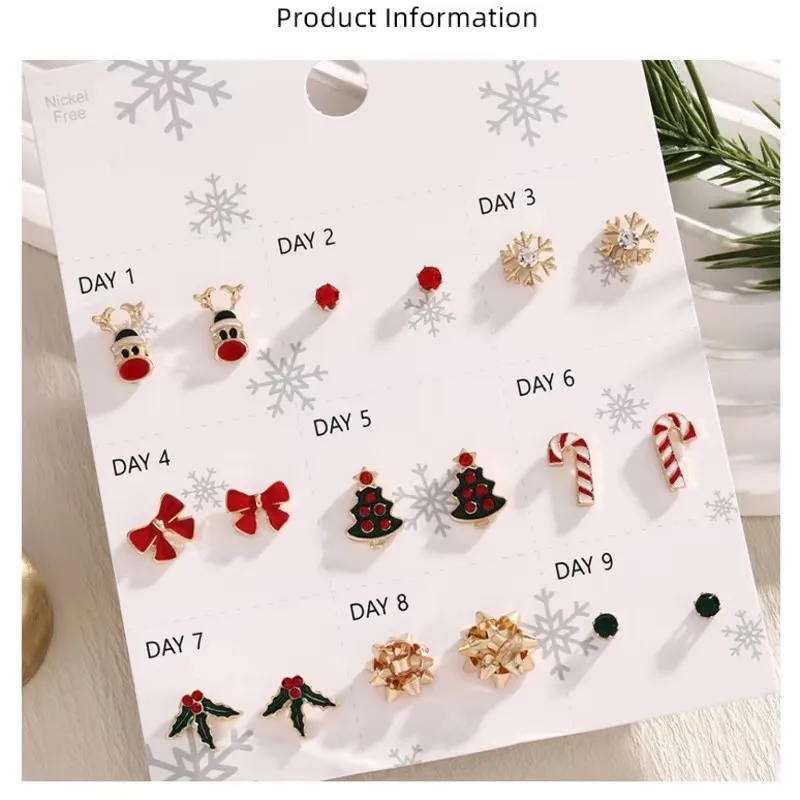 9 Pairs Christmas Stud Earrings Set Elk Christmas Tree Bow Candy Cane Snowflake Enamel Alloy Advent Calendar Earrings Xmas Gift