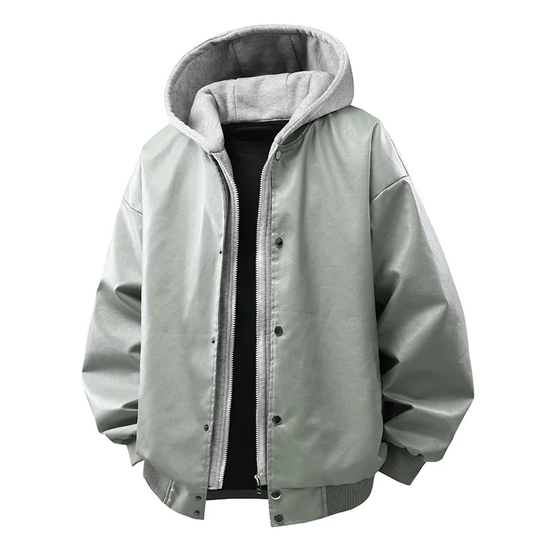 

Man Leather Jacket Autumn Patchwork Long Sleeve Zipper Male Bomber Coat Windproof Loose Fake Streetwear Two-piece Men Outerwear