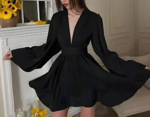 

Autumn 2025 Fashion Temperament Solid Color V-Neck Short Skirt for Women Elegant Lantern Sleeves Cinched Waist A-Line Dress