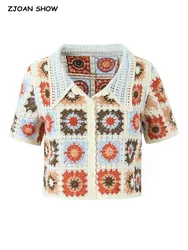 2023 BOHO Aushöhlen Häkeln Geometrische Blume Kurzarm Strickjacke Frauen Sommer Urlaub Front Tasten Revers Pullover Crop Tops