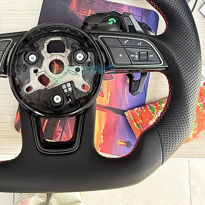 Full leather steering wheel with red stitching upgraded sports design and button paddles for Audi A4 B9 A3 8Y RS3 RS4 S3 S4