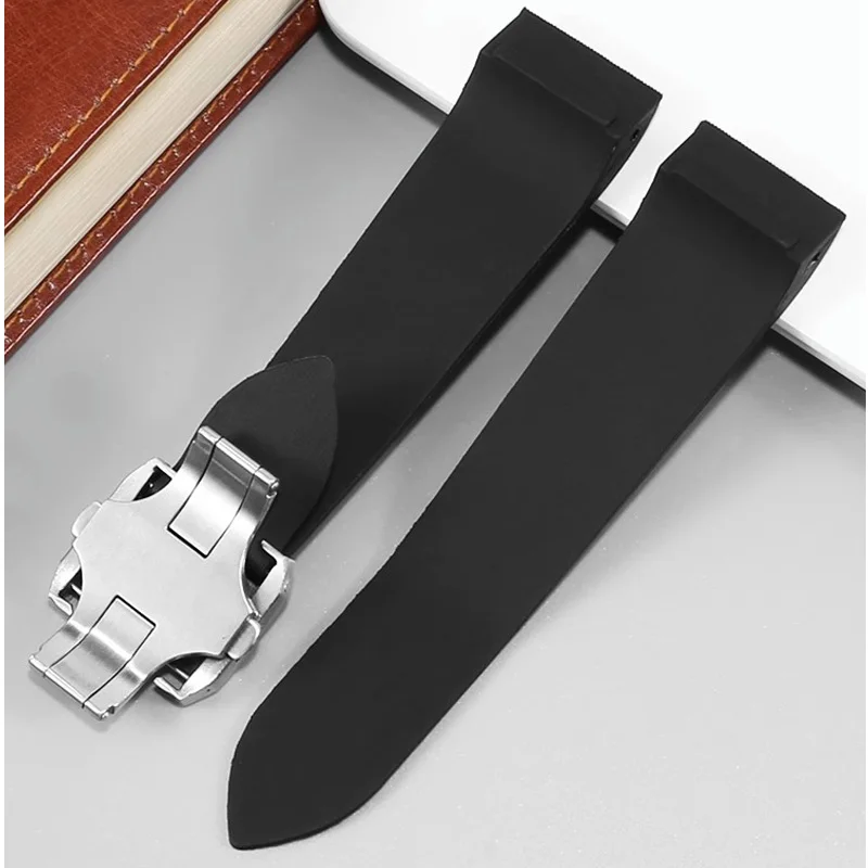For Cartier Santos 100 W2020007 Rubber Straps stainless steel Folding Clasp Black wristband Waterproof Silicone Watchband 25mm