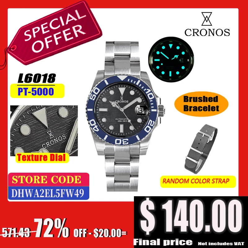 

Мужские часы Cronos Sub Diver из нержавеющей стали PT5000, циферблат с узором, полностью матовый керамический безель, 200 метров, водонепроницаемость, L6018 M