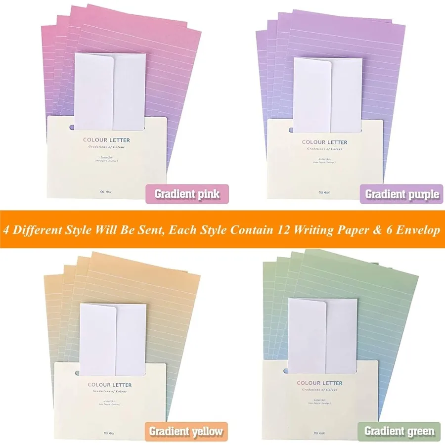 مجموعة 48 قطعة من الورق والمغلفات الورقية الملونة مع 32 ورقة كتابة الحروف المبطنة و16 ظرفًا وملصقاتًا في شركة Gradient Co