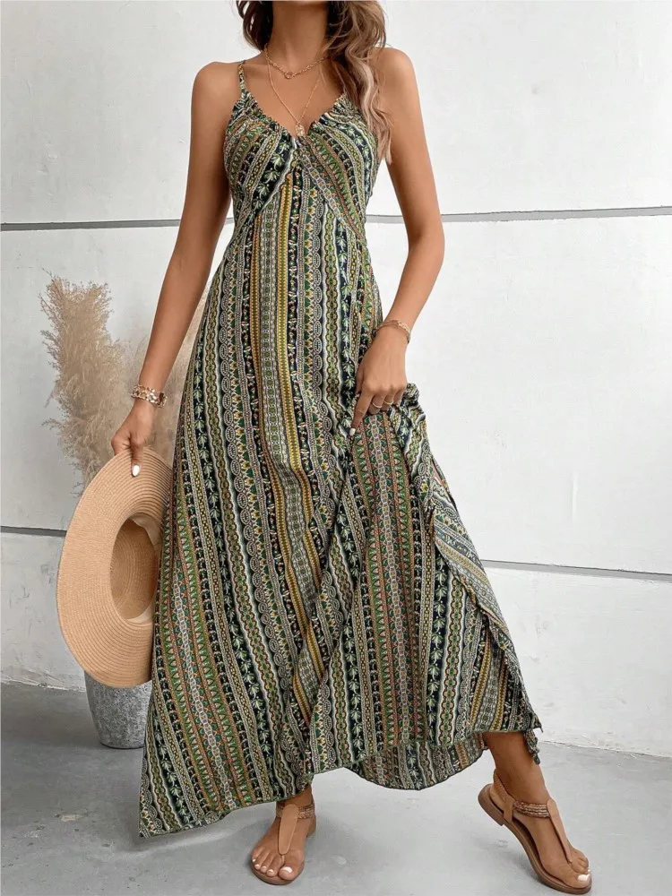 

Elegant V-neck Suspender Dress For Women Fashionable Summer Bohemian Style Printed Beach Slit Casual Dresses For Women 2026