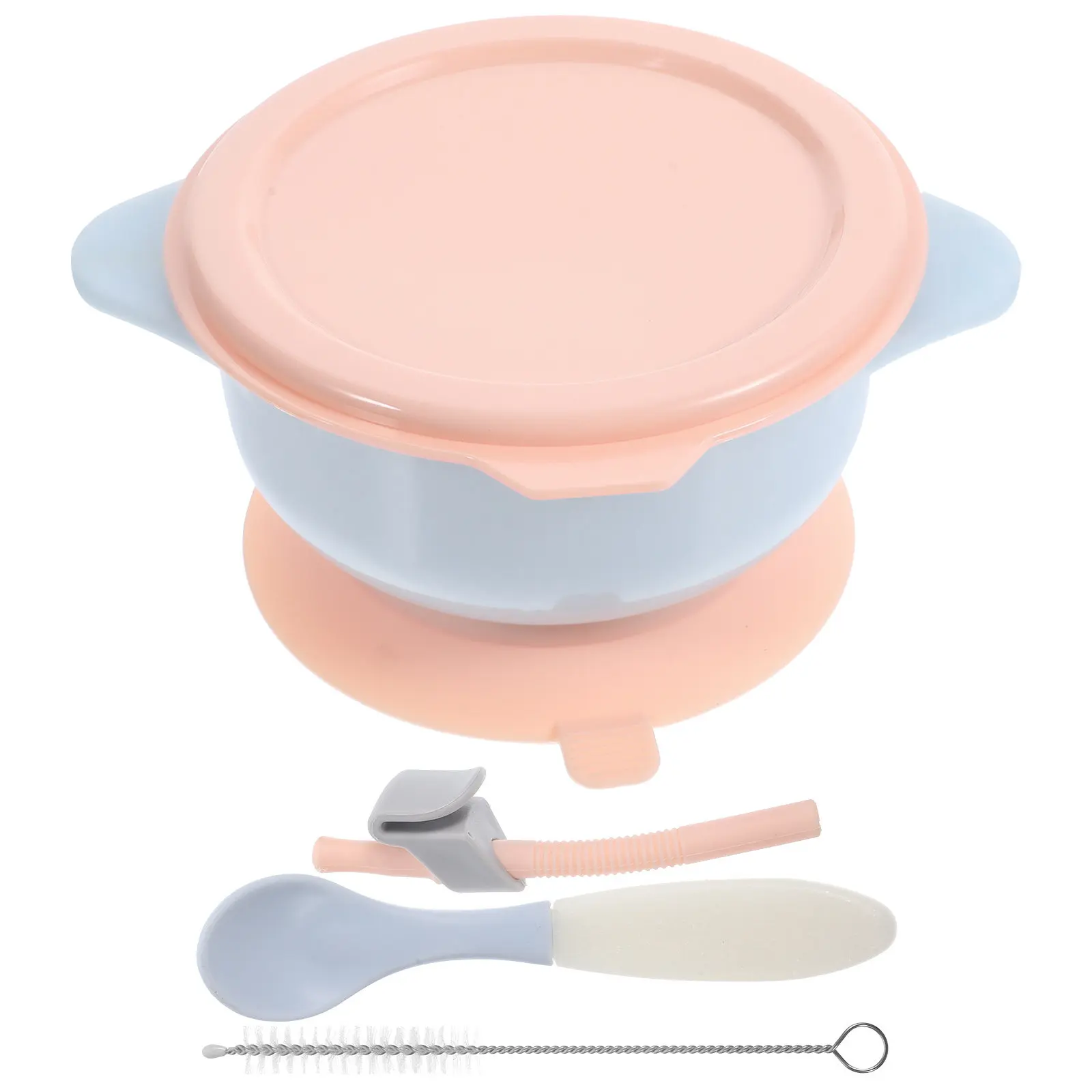 

1Set Baby Food Bowl Set with Suction Cup Lid Spoon Straw Brush Anti-Scald Bright Colors Self Feeding Toddler Bowl