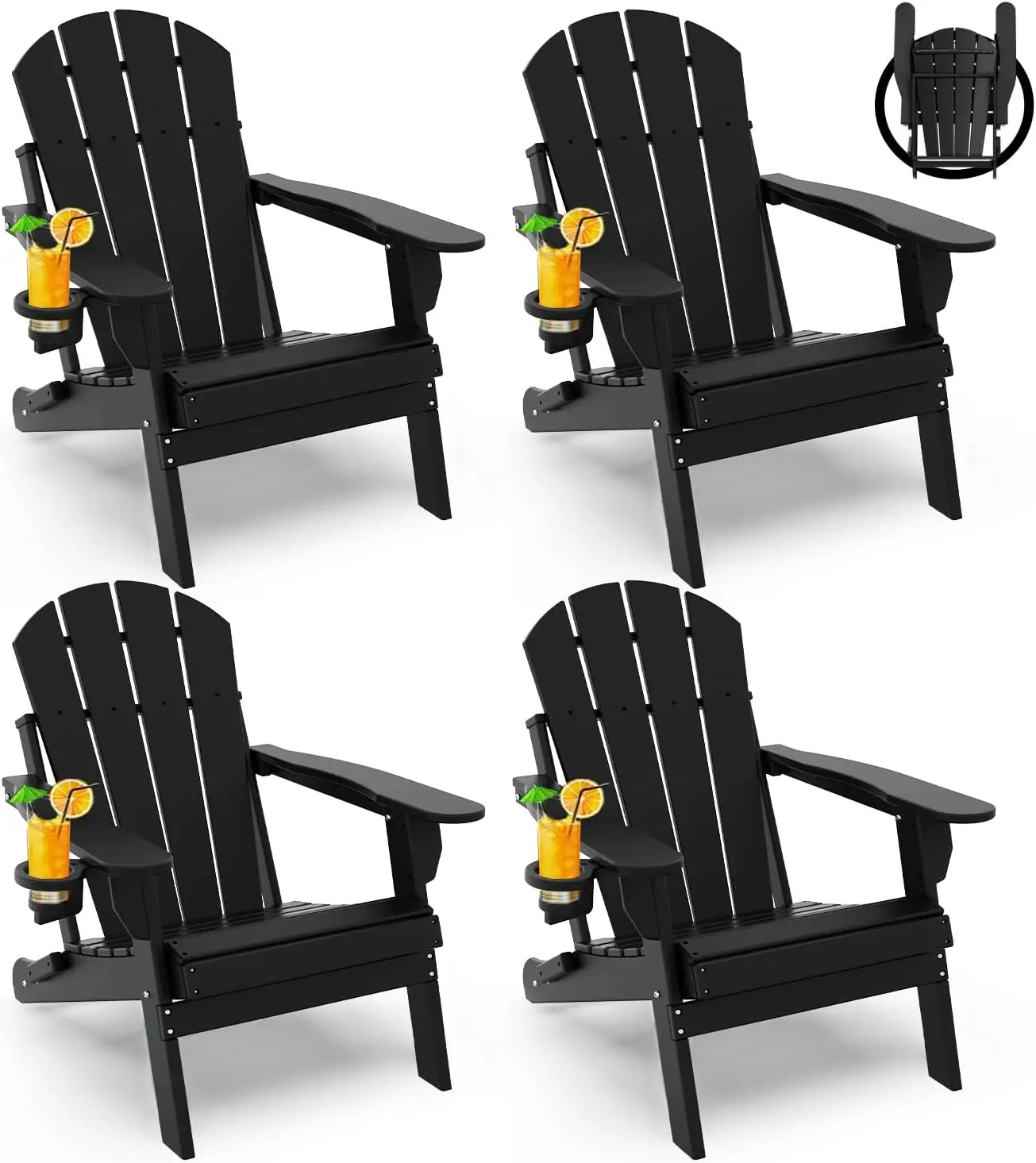 Folding-Adirondack-Chairs-Set-of-4 HDPE Plastic Fire Pit Chair All Weather Cup Holder Black | for Deck Backyard