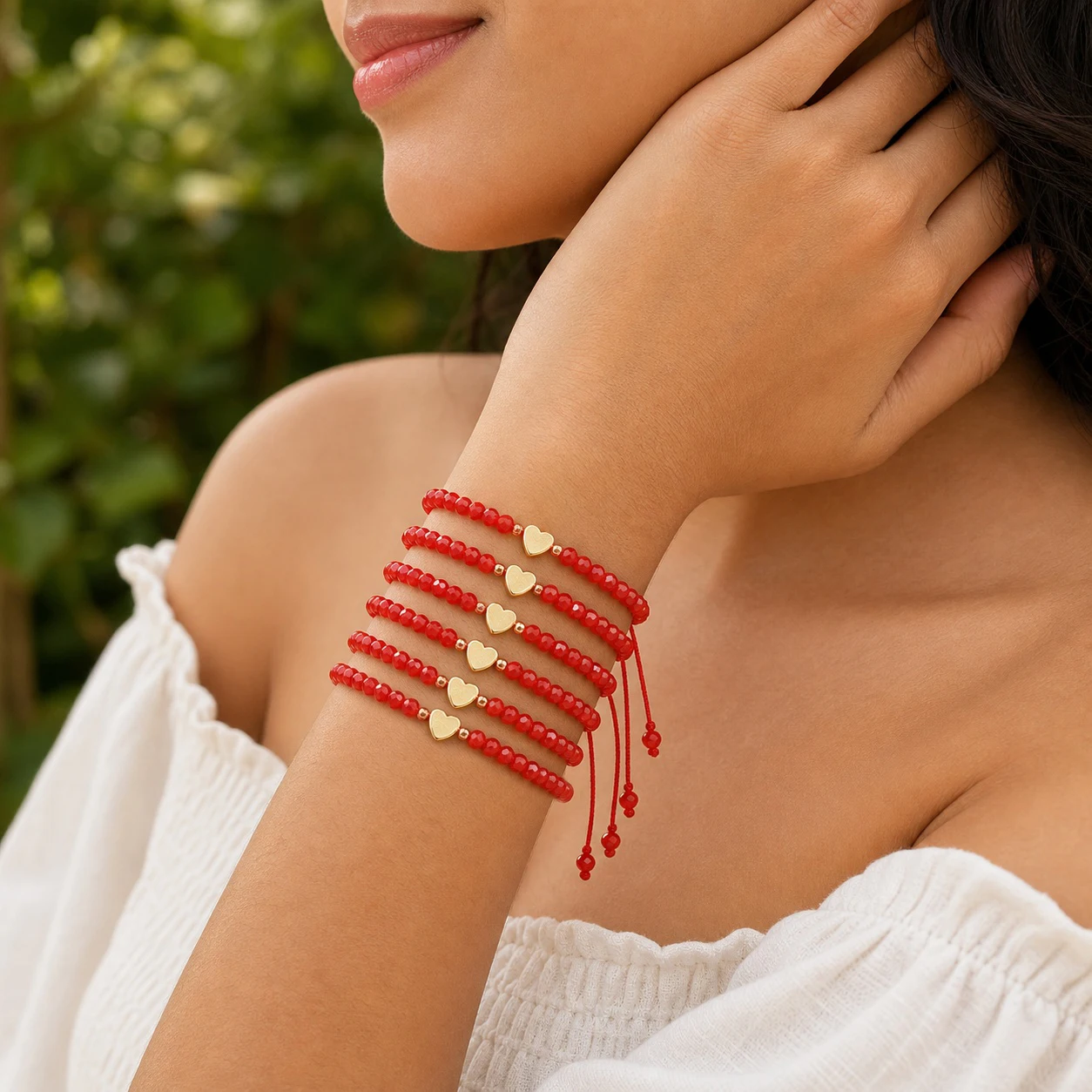 4pcs Red Glass Beaded Heart Charm Layered Wrap Bracelet Adjustable Cord Bracelet for Women Sweet Romantic Gift for Her
