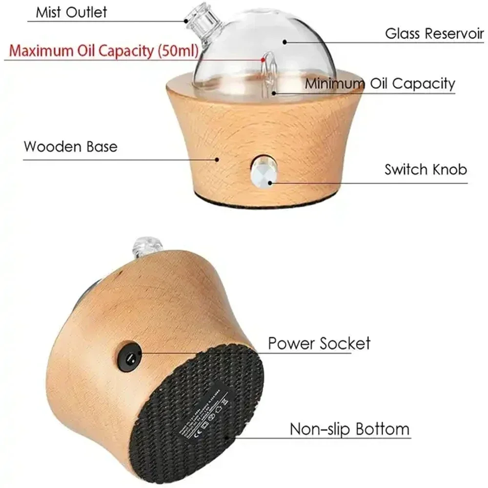 25ML Oil Diffuser Original Wood Base Glass LED Colored Nebulizing Essential for Aromatherapy with Higher Atomizing for Home Spa