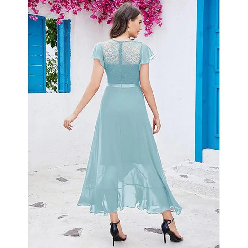 A Line Chiffon Lace Slit Sashes Boat Neck Elegant Off Shoulder Bridesmaid Dresses Wedding Party Evening Formal Prom Ankle Length