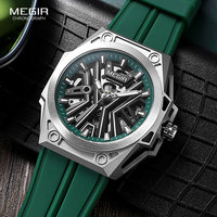 MEGIR Skeleton Dial Automatical Watch for Men Green Silicone Strap Waterproof Luminous Military Sport Mechanical Wristwatch