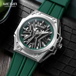 MEGIR Skeleton Dial Automatical Watch for Men Green Silicone Strap Waterproof Luminous Military Sport Mechanical Wristwatch