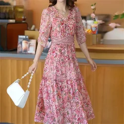 Pink Fragmented Chiffon Dress Women's 2023 Summer New Fashion Loose And Slim Appearing High End Belly Covering Floral Dress Long