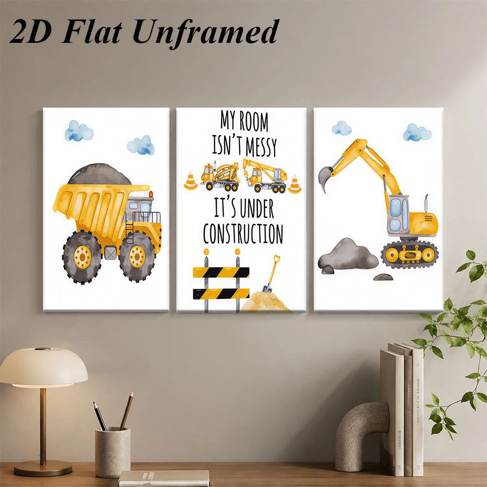 1 set of cartoon engineering vehicle for children's room, triple frameless decorative painting, boys' bedroom decoration, 2D