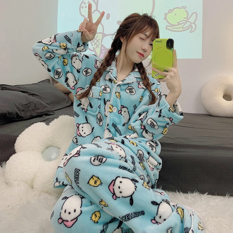 Sanrio Girl Flannel Cardigan Flip Collar Keep Warm Pajama Set Kawaii Pochacco Comic Student Thickening Go Out Leisure Wear New