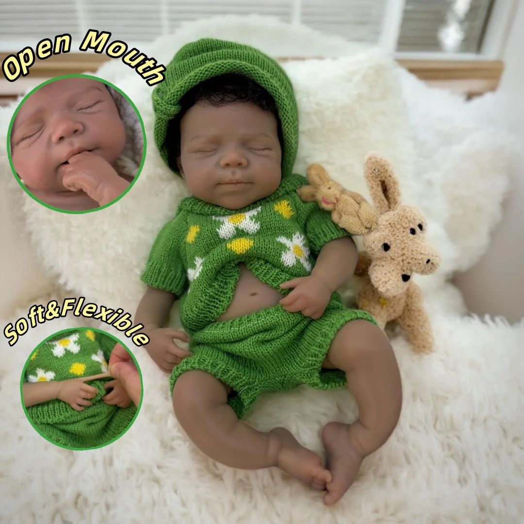 

33cm Dark Skin Open Mouth Pascale Silicone Bebe Reborn Girl With Rooted Hair Handmade Paint Skin Washable Doll For Kid's Gift