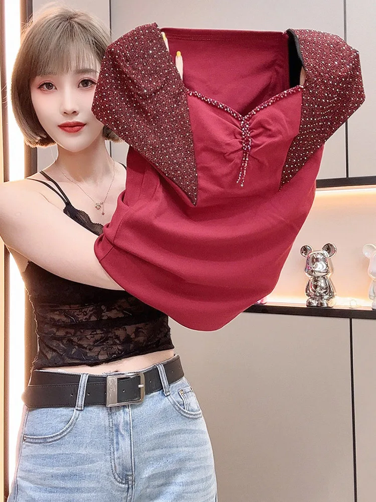 

Women's Chic Shiny Diamonds Unique Sleeves Tees New Arrivals Summer Tops Streetwear Girl Sexy Square Neck Beading T-shirt