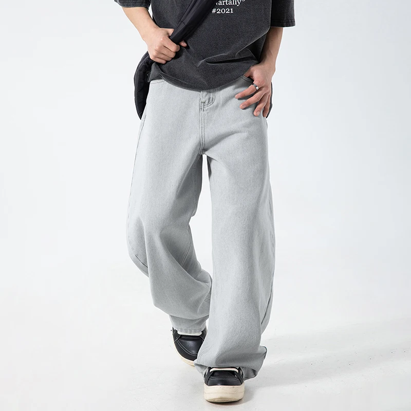 الكورية نمط خمر الجينز الرجال بنطال ذو قصة أرجل واسعة مستقيم الساق السراويل مرونة الخصر السراويل الفضفاضة موضة عادية الدينيم الجينز #2