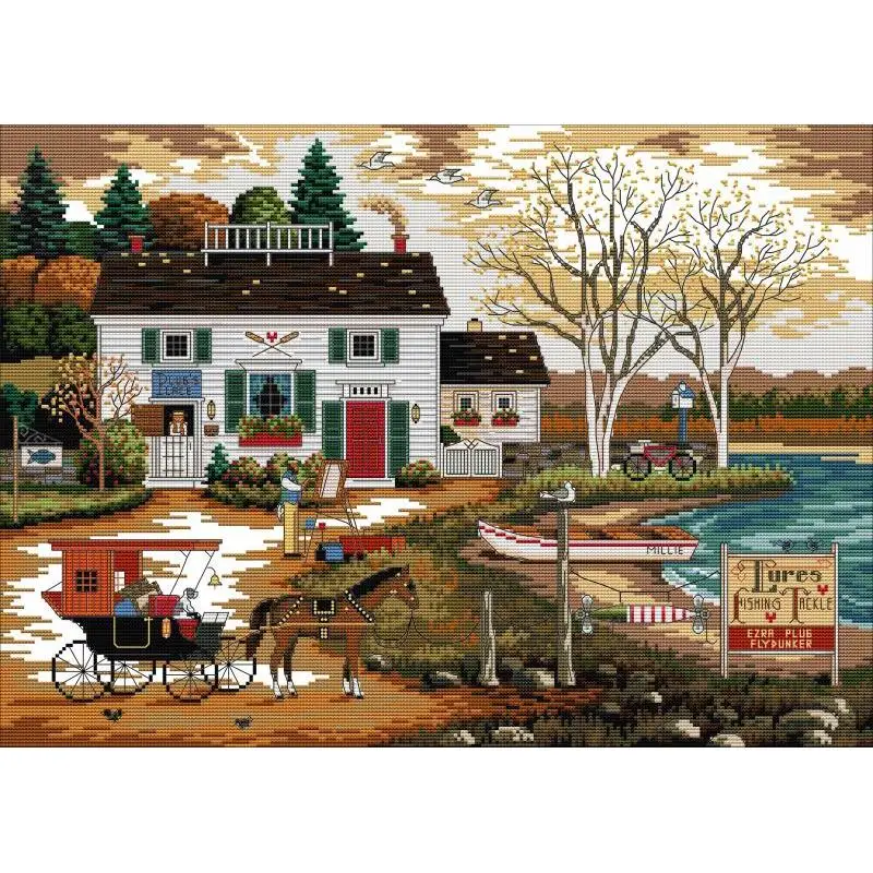 

Living by the water Scenic Pattern Cross Stitch Kit Aida 14CT 16CT 11CT Printed Fabric Needlework Embroidery Set DIY Home Decor