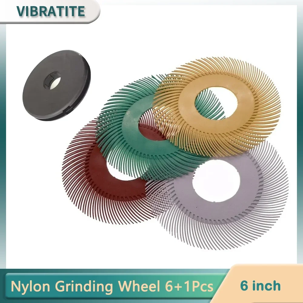  150MM Nylon Abrasive Grinding Wheel 6Inch 6Pcs+Black Central Connecting Shaft 1Pcs for Metal Stainless Steel Wood Rust Paint